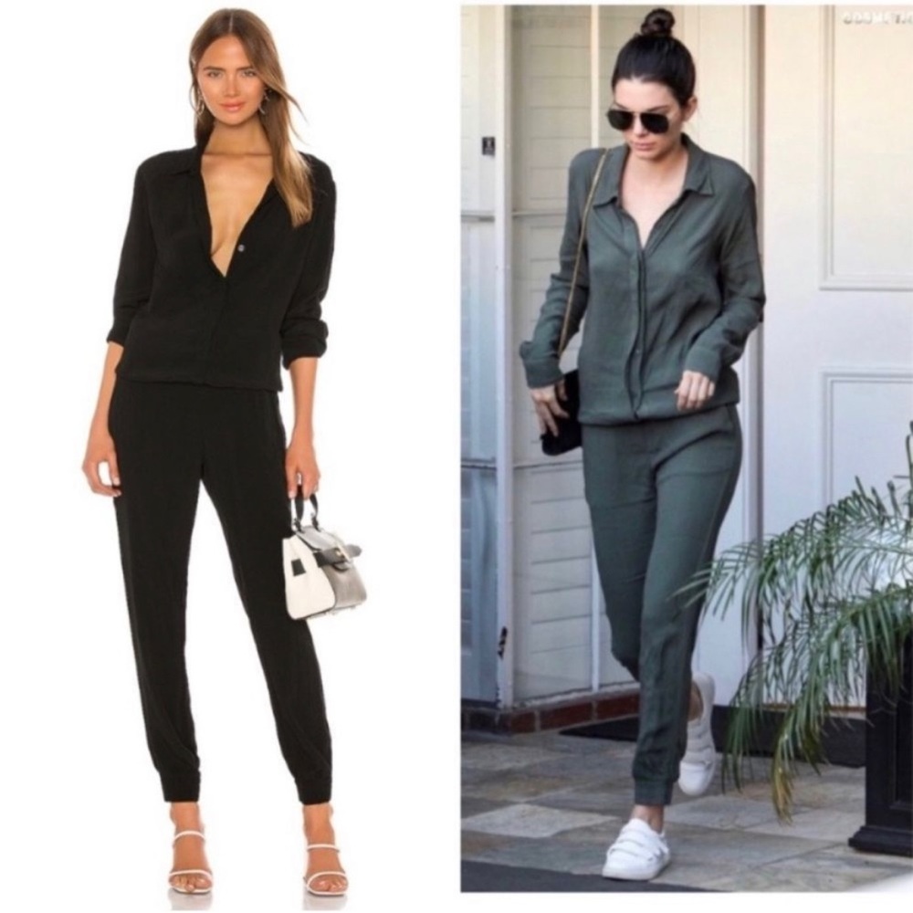 Monrow crepe black long sleeve button down jumpsuit seen on Kendall Jenner